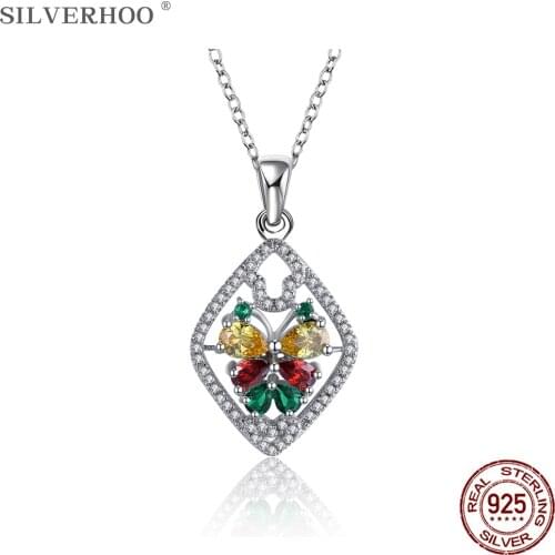 SILVERHOO Real Sterling Silver 925 Jewelry Colorful Butterfly CZ Necklace Charms For Women Geometry Rhombic Pendant Necklaces