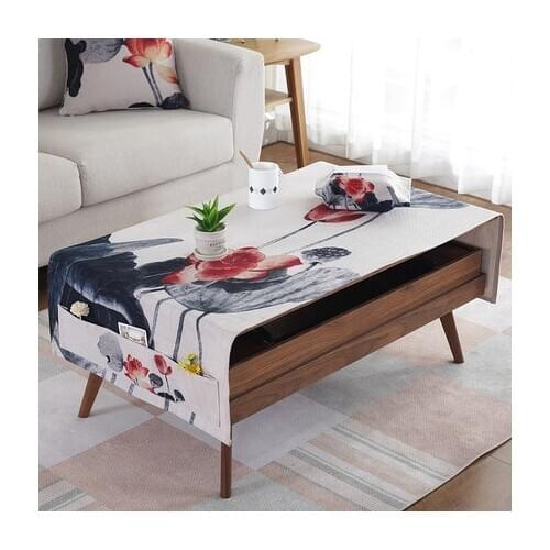 Painting tablecloth Lotus flower cotton linen table cover custom art multi-function pocket coffee table oil-proof cover HM01T