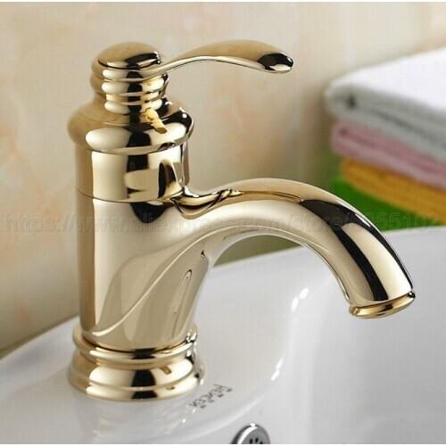Bathroom Faucet Gold Color Brass Basin Faucet Deck Mounted Single Handle Single Hole Hot And Cold Water Tap znf121