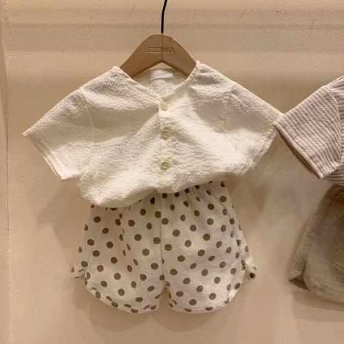 Childrens Small Childrens V-neck Pleated Top Boys and Girls Korean Thin Summer Short Sleeve