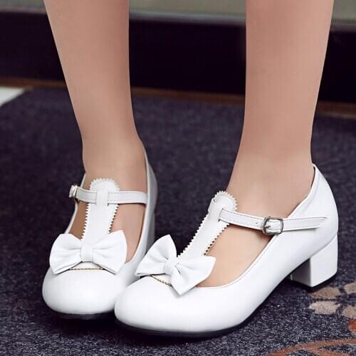 Kawaii Lolita Shoes T Strap Mary Janes Shoes for Women Chunky Heels Cute Bow Round Toe Medium Heels Cosplay Shoes White Pink