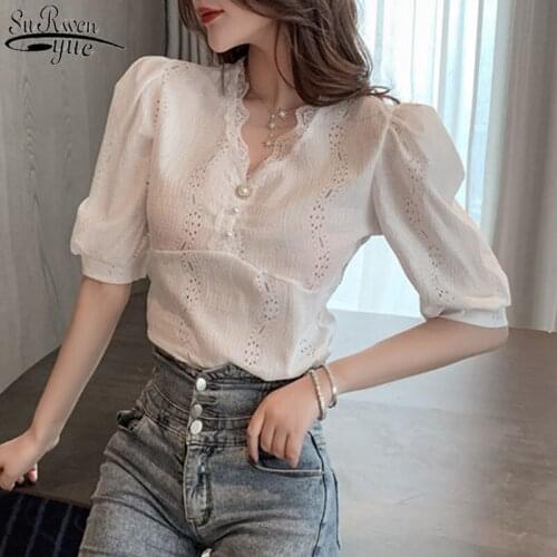 French Style Wild Lace V-neck Womens Shirt Bubble Sleeve Blouse Slim Small Top Beading Lace Shirt Chiffon Blouse Womens 14432