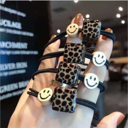 Fashion Rubber Bands For Lady Acrylic Stones Paved Disc Beading Charms Elastic Hair Band Hair Rope Women Leopard Smile Hair Rope