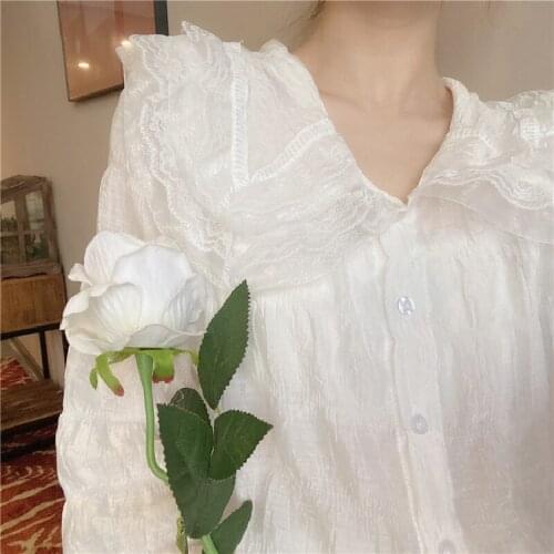 French Vintage Lace Stitching Pete Pan Collar Shirt Women 2021 Autumn Fashion Single Breasted Puffs Long Sleeve Crop Top Blouses