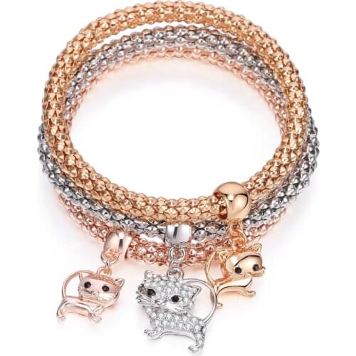 3 Cats Crystal Charm Bracelets Bnagles for Women Fashion Luxury Jewelry Gift Elastic Popcorn Chain Adjustable Bracelet 2021New