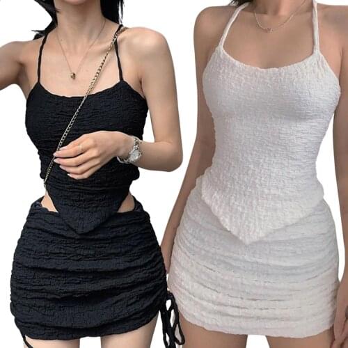 Women’s Sexy Camisole and Skirt Suit Fresh Solid Color Backless Vest and Drawstring Tight Skirt
