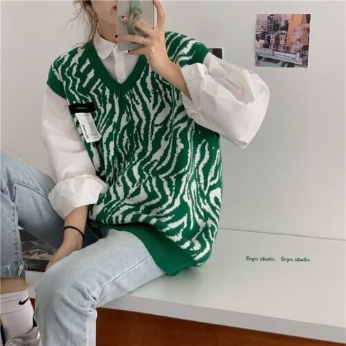 Zebra Pattern Sleeveless Sweaters Vest Women New Korean Fashion V-Neck Pullovers Vest Tops Chic Lazy Tops Chic 90s Pullover Knit