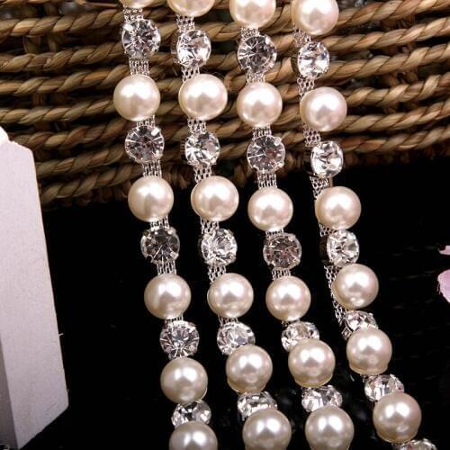1 yard 1 cm Pearl Crystal Rhinestones Chain Trims for Clothes Collar Bags Hats Wedding Dress Appliques DIY Sewing Crafts