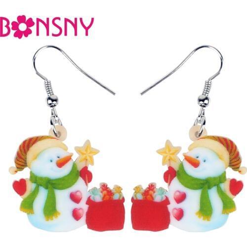 Bonsny Acrylic Christmas Green Scarf Snowman Gift Box Bag Earrings Dangle Drop Jewelry For Women Girls Teens Kids Festival Gift
