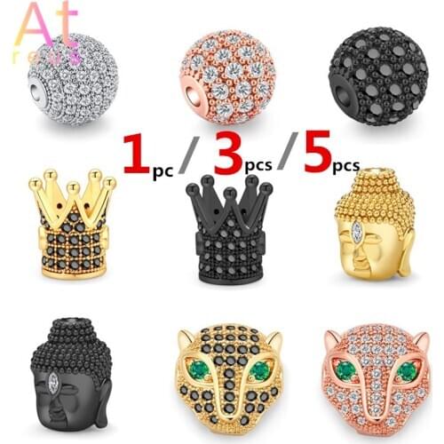 1/3/5pcs Copper CZ Animal Charm Beads Leopard Buddha Round Crown Drop Jewelry Marking For Charm Bracelets Christmas DIY Gift