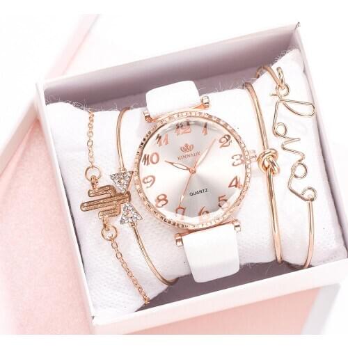 5pc/set Fashion Women Watches Round Arabic Numerals Leather Watch Women Dress Ladies Wristwatches Bracelet Clock Dropshipping