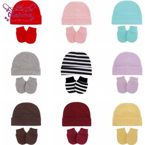 Infant Comfortable Soft Knitting Cotton Hat and Glove Set Fashion Baby Striped Caps Anti-eat Hand Anti-Grab Face Protect Mitten