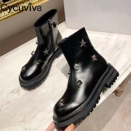 Designer Rhinestone Studded Platform Ankle Boots For Women Leather Casual Crystal Brand Shoes Woman Thick Sole Flat Knight Boots
