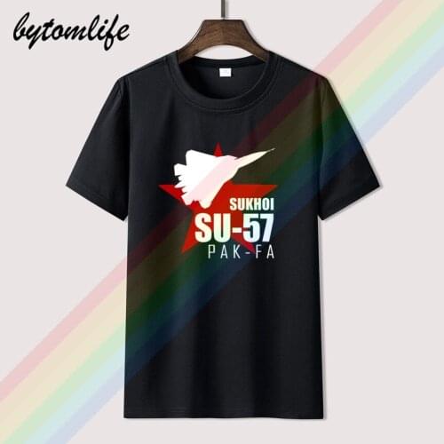 Mens Aviation T shirt Russian jet fighter Sukhoi SU 57 technical drawing BLACK