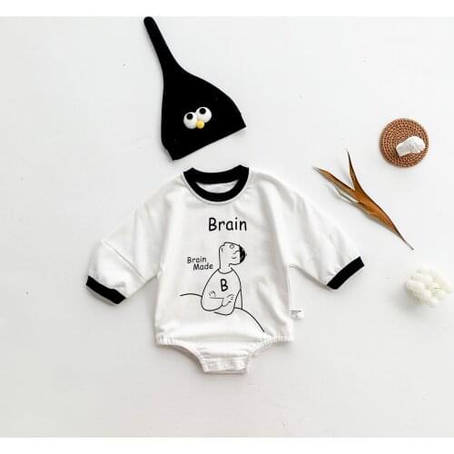 Newborn Baby Boy Girl Bodysuit Cotton Autumn Brain Letter Jumpsuit Long Sleeve Baby Clothing with Hat 2PCs Baby Clothes Suit