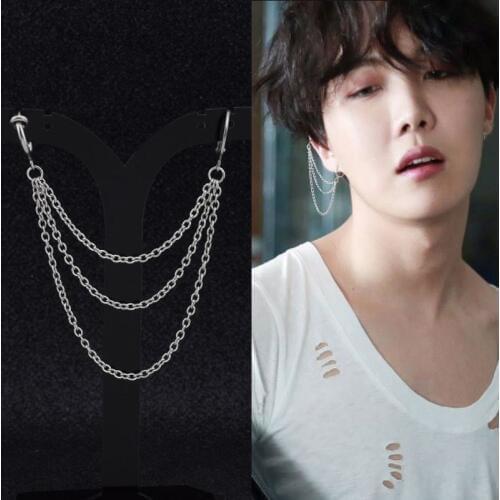 Korea Boys Stud Earring Cuff Stainless Steel Men Punk Rock Hiphop Ear Clip Cuff Wrap Earrings Tassel Chain Women Earcuff Unisex