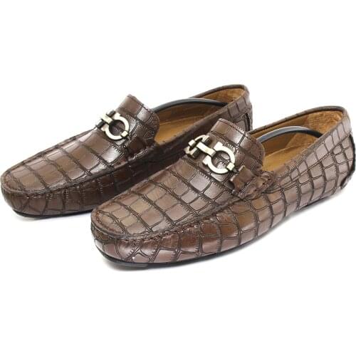 Handmade Loafers with Realistic Crocodile Skin Pattern, Brown Calf Leather, Mens Croco Shoes, Casual Street Style Fashion 2021