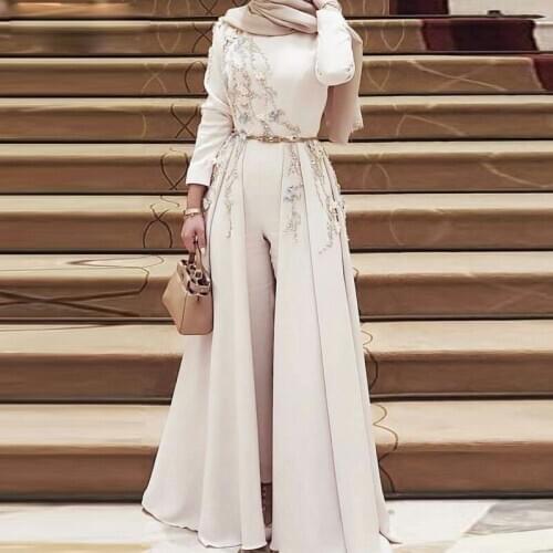 Muslim Evening Dress Long Sleeves Satin Jumpsuit High Neck Beading Sash Pantsuit Detachable Hijab Illusion Islamic Formal Gowns