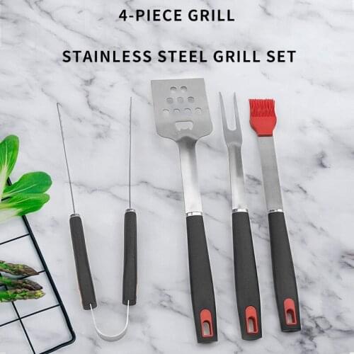 4pcs/set BBQ Barbecue Tool Set Stainless Steel Pipe Handle Grill Set Barbecue Brush Fork Spatula Clip BBQ Tools For Home
