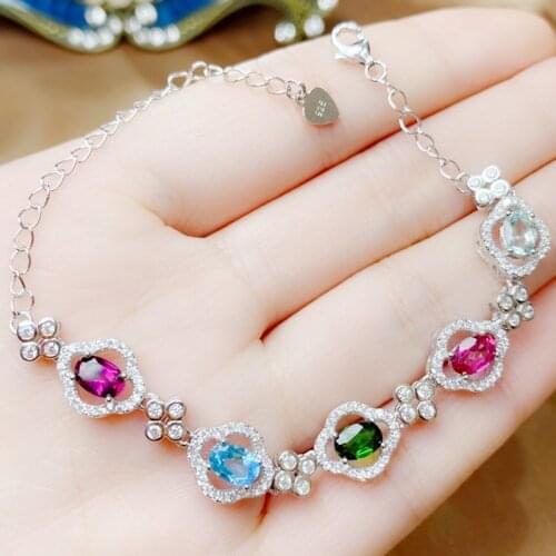 Natural real topaz diopside tourmaline flower chain bracelet 0.55ct*5pcs gemstone 925 sterling silver Fine jewelry Q216244