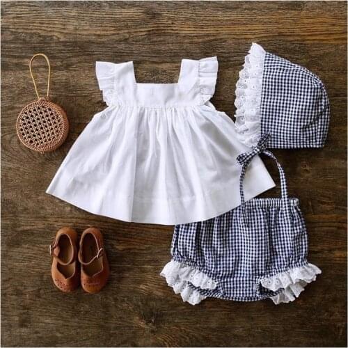 2021 New Fashion Summer Newborn Baby Girl White Shirt Dress Top Plaid PP Shorts Outfits Set Toddler Clothing for 0-24Months