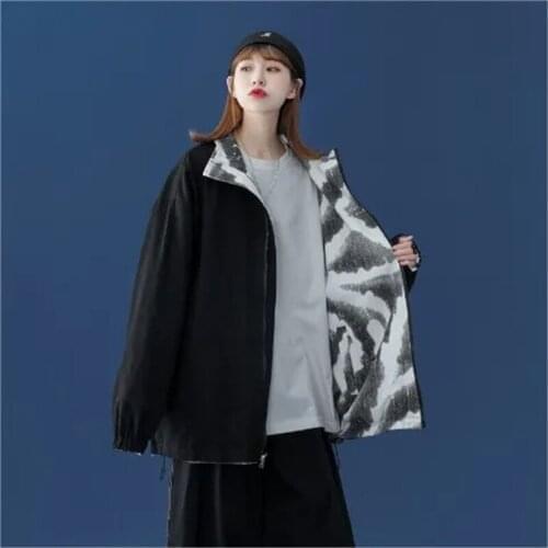 Both Sides Wear Stand-Up Collar Jacket Female Spring Autumn Korean Retro Fried Street Tie Dye Zipper Jacket Student Harajuku