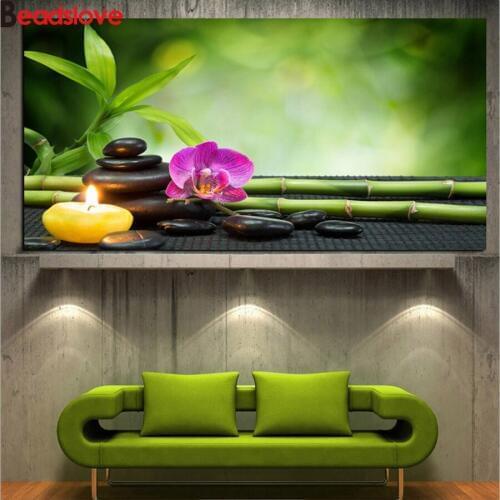 Orchid Zen Spa Stone Bamboo Candle diamond Emeroidery Diy diamond painting cross stitch art mosaic full home decoration