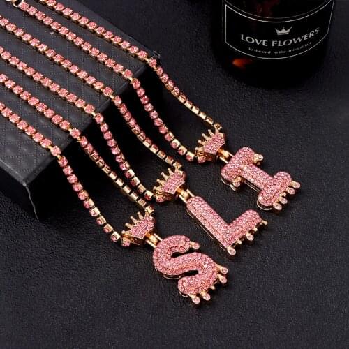 New Hip Hop Pink Crystal 26 Letter Chunky Pendant Necklaces For Women Men Shine Rhinestone Tennis Chain Choker Necklace Jewelry