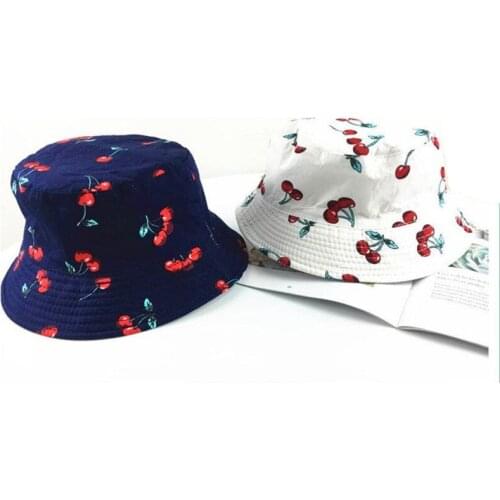 Cotton Cherry Print Bucket Hat Fisherman Hat Outdoor Travel Hat Sun Cap Hats for Men and Women 519