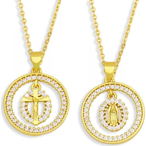 Ins Fashion Jesus Cross Virgin Mary Necklaces Copper with CZ Geometric Round Pendant Colar Feminino Charm Gift