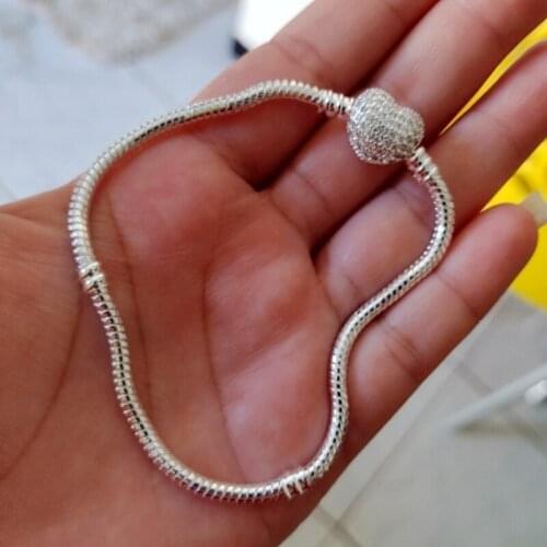925 Sterling Silver Snake Chain With Pave Clear CZ Heart Clasp Bracelet Fit All European Charm Beads Valentine' Jewelry