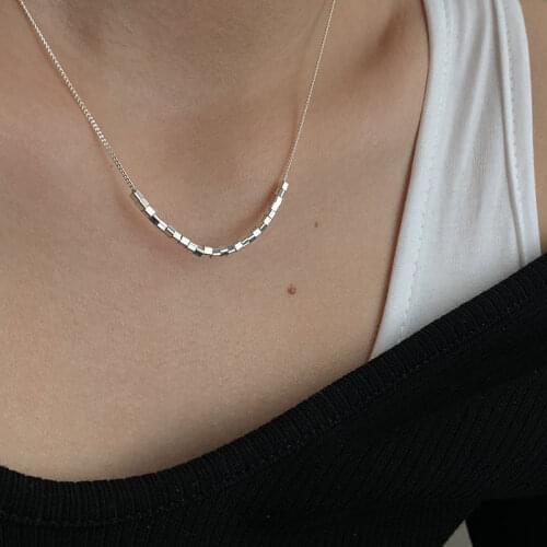 925 Sterling Silver Small Square Cube Beads Necklace Female Simple Clavicle Chain Necklace Handmade Jewelry