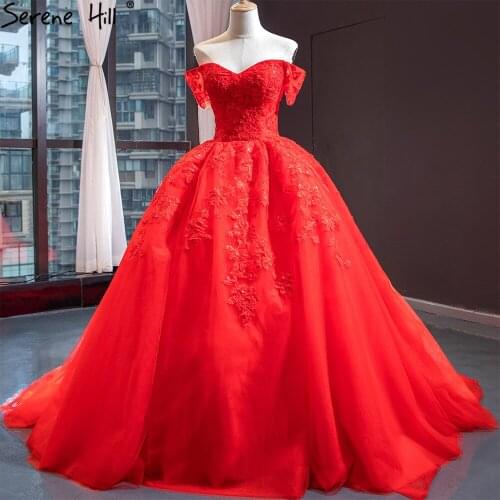 Serene Hill Red Short Sleeve Wedding Dresses Gowns 2021 High-end Vintage Lace Beading Bridal Dress HM66548