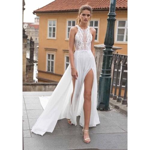 Boho Chiffon Wedding Dresses 2021 Sexy Side Split High Neck 3D Floral A Line Lace Applique Backless Bridal Gowns Custom Made