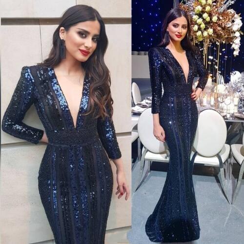 Dark Navy Mermaid Evening Dresses 2019 Long Sleeves Sequined Formal Party Gowns Sexy Deep V Neck robe de soiree