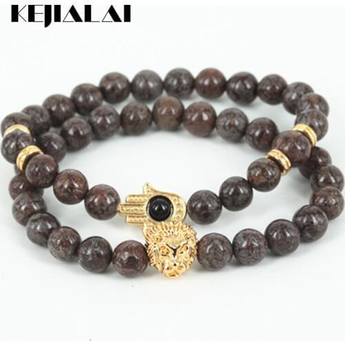 KEJIALAI High Quality Natural Snowflake Round Stone Beads Men Lion Head Bracelet Beaded Gold Hamsa Hand Women Bracelet As A Gift
