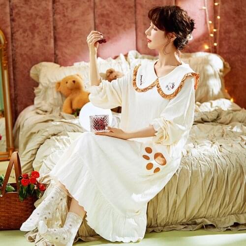 Autumn/Winter Womens Cotton Homedress Nightdress Long Sleeve Nightgowns One-piece Dress Sleepwear Loose Fashion Home Clothing