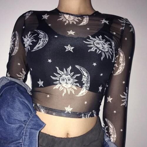 Women Fashion O Neck Moon Stars Printing Mesh See-through Crop Tops Spring Ladies Sexy Casual Long Sleeve T-shirt