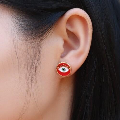 Retro Gold Color Evil Eye Statement Earrings For Women Vintage Metal Red Round Heart Shape Metal Stud Earrings Jewelry