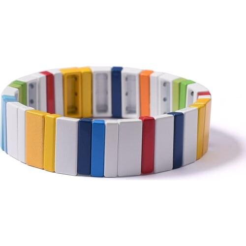 Square Enamel Tile Bead Bracelet Women Fashion Armband Metal Bead Chain Braclet Elastic String Bracelet Gift for New Year 2022