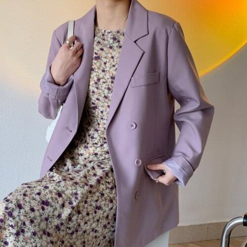 Korean Women Light Purple Blazers Loose Notched Collar Single Breasted Long Sleeves Female Casual Suit Jacket Spring Autumn 2021