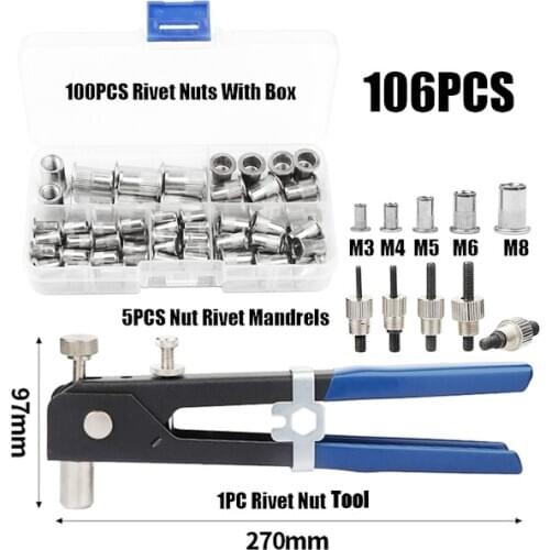 106PCS Hand Riveter Nut Rivet Gun Kit Threaded Nut Rive Tool M3-M8 Aluminum Rivnut Nutsert Riveting