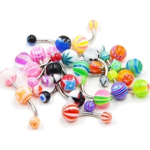 20pcs/set Stainless Steel Belly Button Ring Navel Piercing Bar Body Jewelry Curved Barbell with Acrylic Pattern Ball