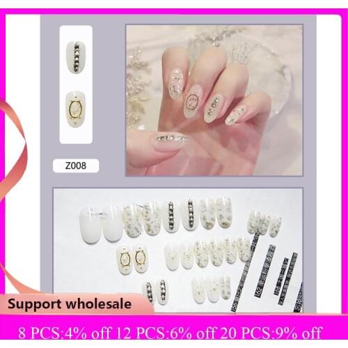 24pcs/Set Press on Fake Nails for Women Shiny Glitter Crystal 3D Rhinestone Artificial Nail Tips Wedding Bride False Nail