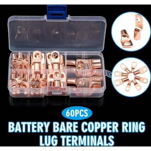 Newest 60Pcs Copper Battery Ring Cable Lugs Crimp Ring Terminals Wire Connectors Kit Electric Crimp Cable Connectors Combo Set