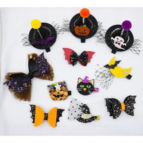 Halloween Glitter Hair Accessories Pumpkin Bat Hat Hair Bows Kid Hair Clip Masquerade Party Little Girls Barrettes Moon Headwear