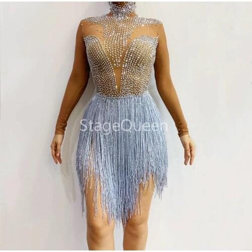Shining Silver Rhinestones Fringes Bodysuit Womens Birthday Prom Celebrate Transparent Leotard vening Dance Big Stretch Costume