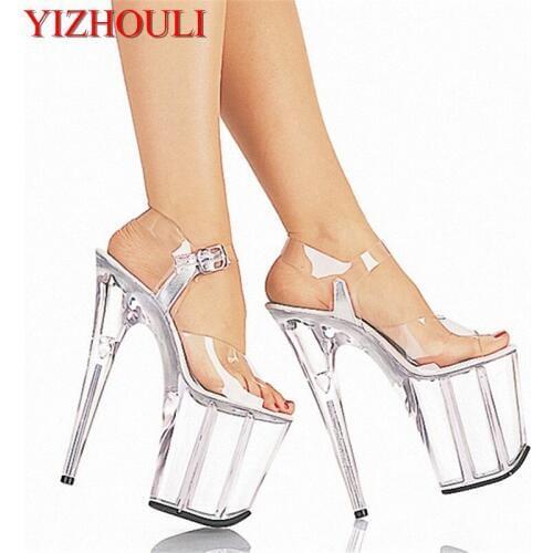 20CM high heel sandals, crystal transparent platform pole dancing/performance/star/model wedding dance shoes