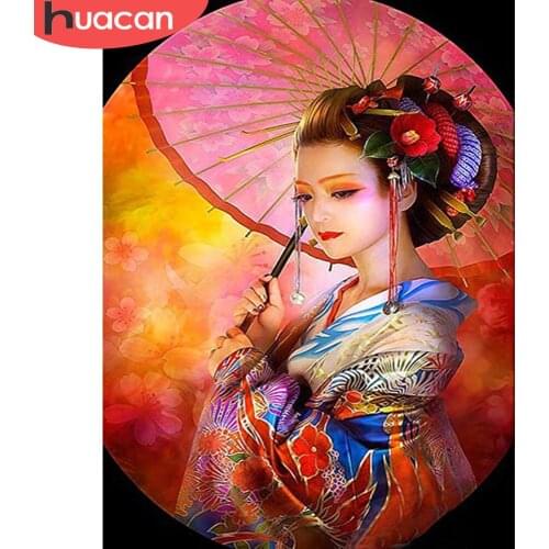 HUACAN 5D Diamond Painting Cross Stitch Girl Japanese DIY Full Square Diamond Embroidery Woman Mosaic Rhinestone Portrait Decor