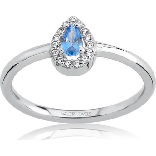 Valori Jewels 0.20 Carat, Zirconia Fancy Blue And White Pear Gemstone, Rhodium Plated, Sterling Silver Ring